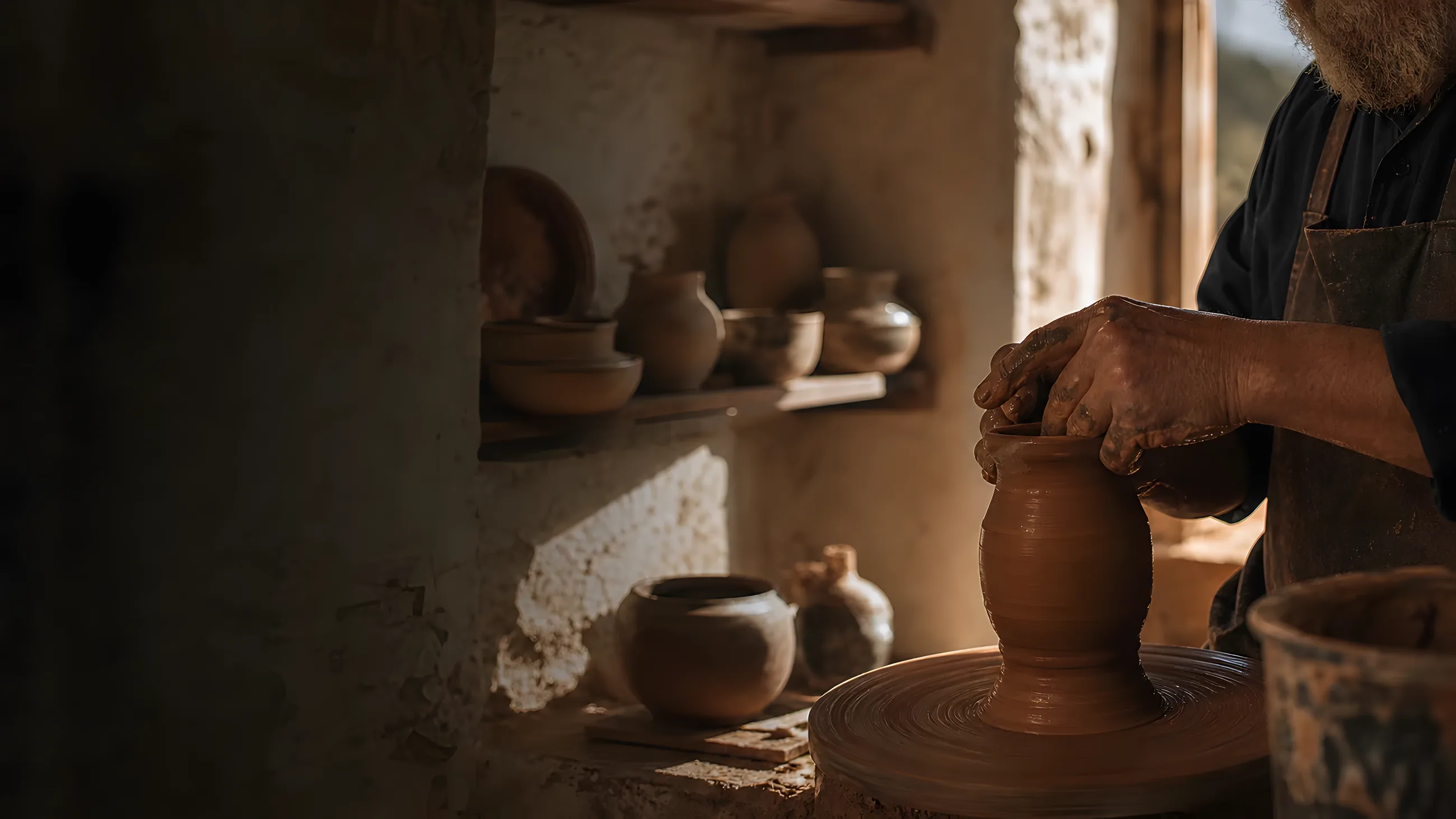An artisan shaping a terracotta vessel in a sunlit pottery studio